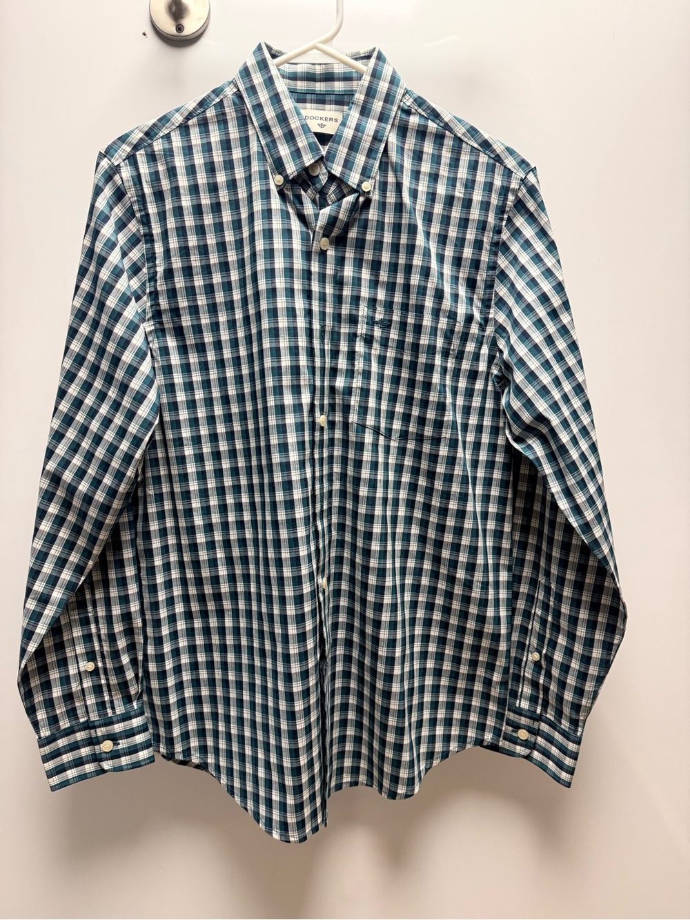 Dockers Men's Teal and White Plaid Button-Down Shirt
